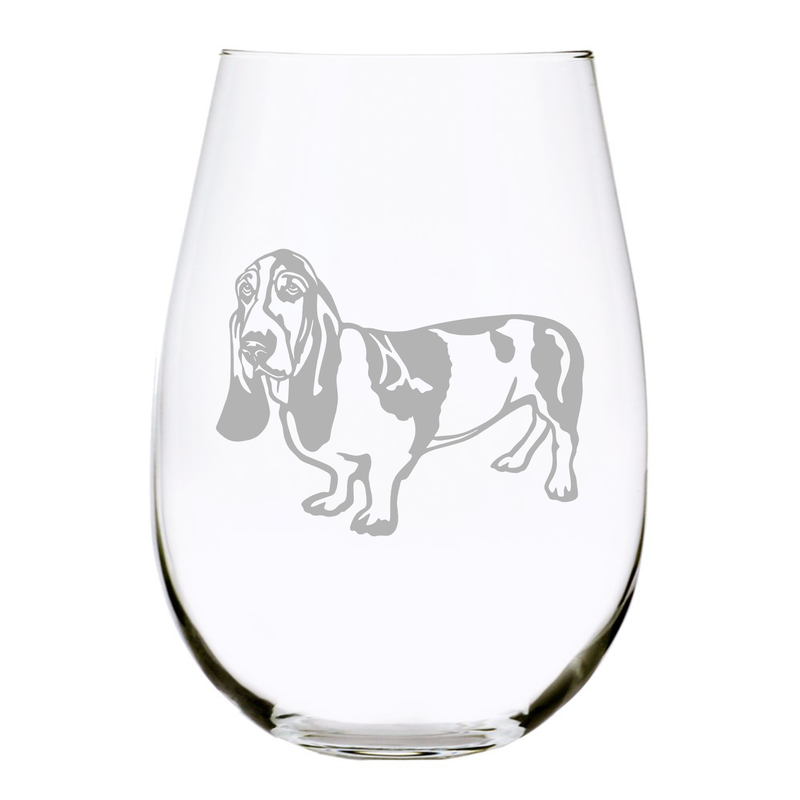 Basset Hound (B2)  themed dog  stemless wine glass, 17 oz.