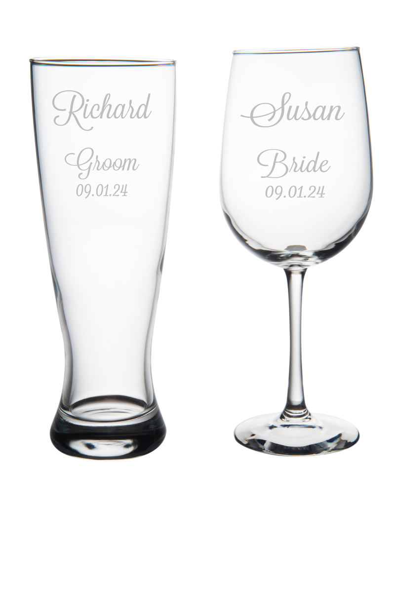 Groom Beer Pilsner Glass and Bride Wine Glass set