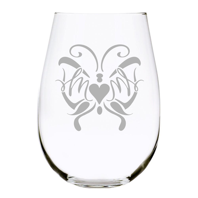 Butterfly Mom 17 oz. etched stemless wine glass