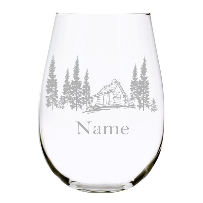 Cabin with name 17oz. Lead Free Crystal stemless wine glass