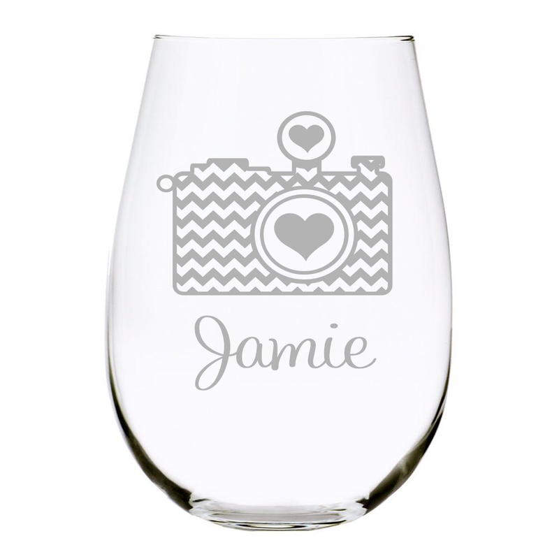 Personalized Camera stemless wine glass with name, 17 oz. Lead Free Crystal