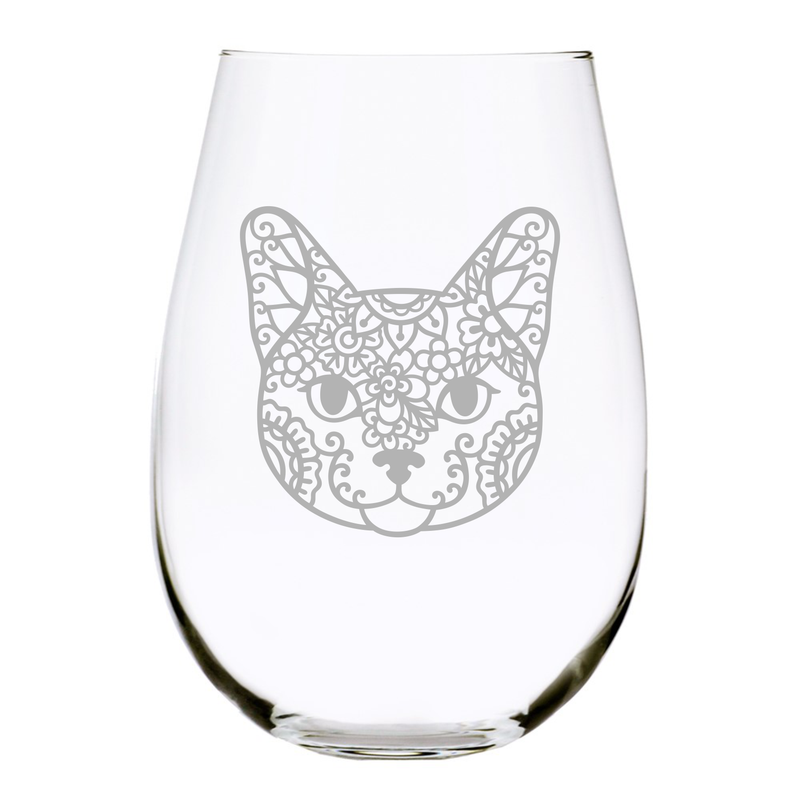 Cat face (C1) stemless wine glass, 17 oz.
