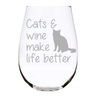 C & M Personal Gifts Cat and Wine Make Life Better Stemless Glass – 17 Oz Laser Engraved Crystal Wine Tumbler,  Glass Gifts for Men and Women,  Perfect for Wine Lovers, Made in USA