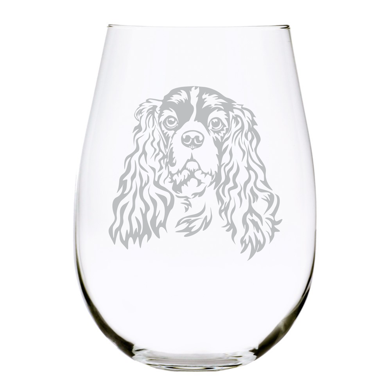 Cavalier King Charles Spaniel (C2) themed dog stemless wine glass, 17 oz