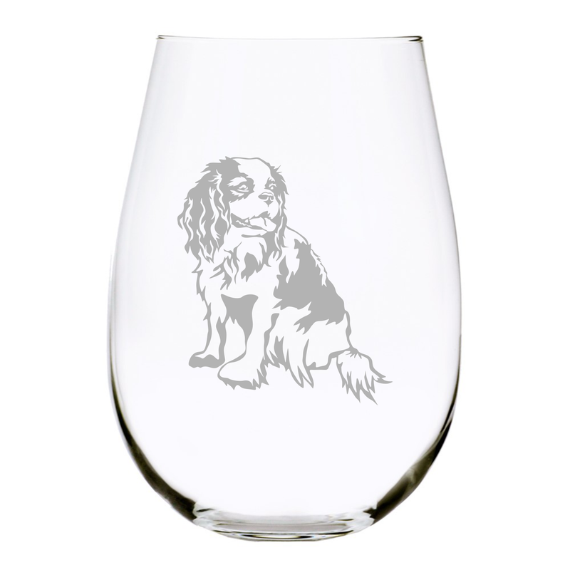 Cavalier King Charles Spaniel themed, dog stemless wine glass, 17 oz