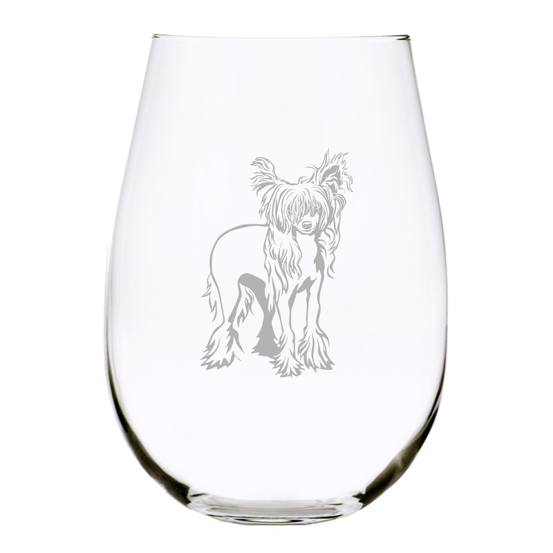 Chinese Crested themed, dog stemless wine glass, 17 oz.