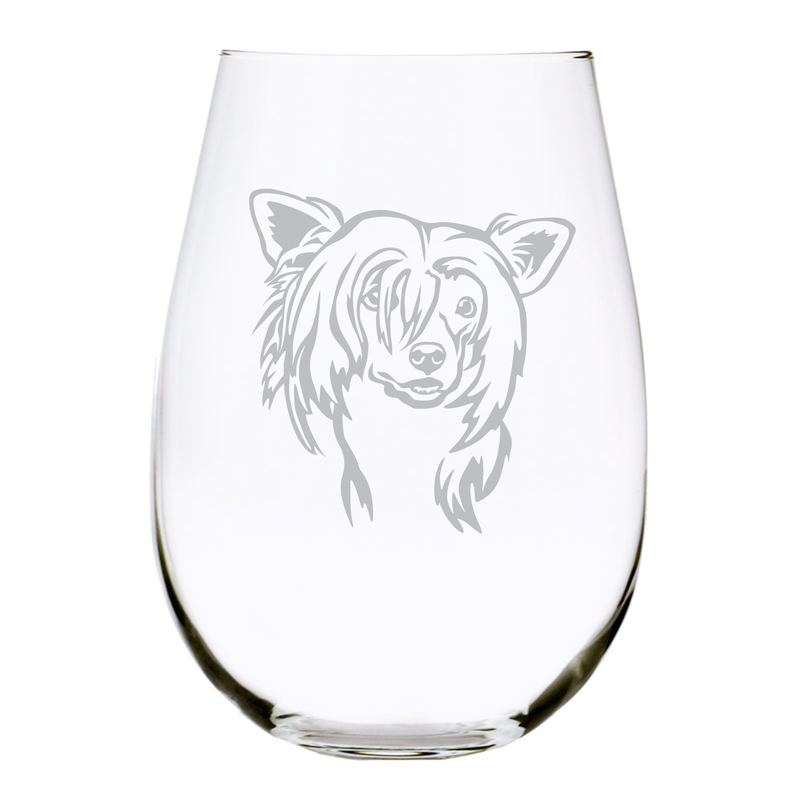 Chinese Crested (C2) themed dog stemless wine glass, 17 oz
