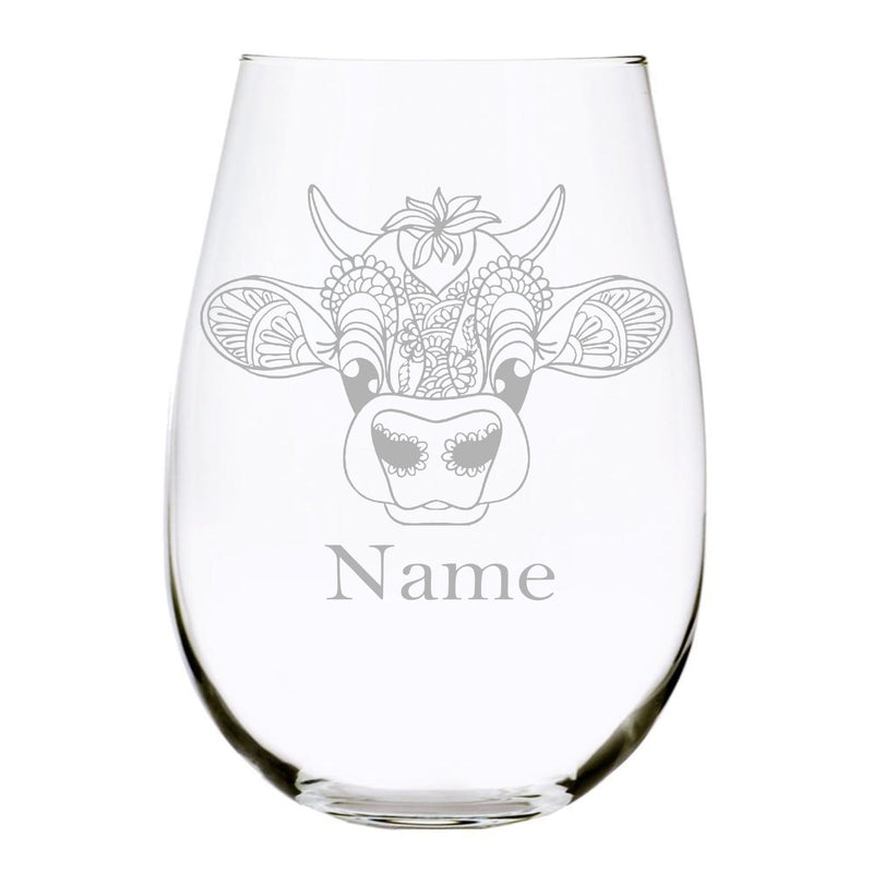 Cow with name 17oz. Lead Free Crystal stemless wine glass
