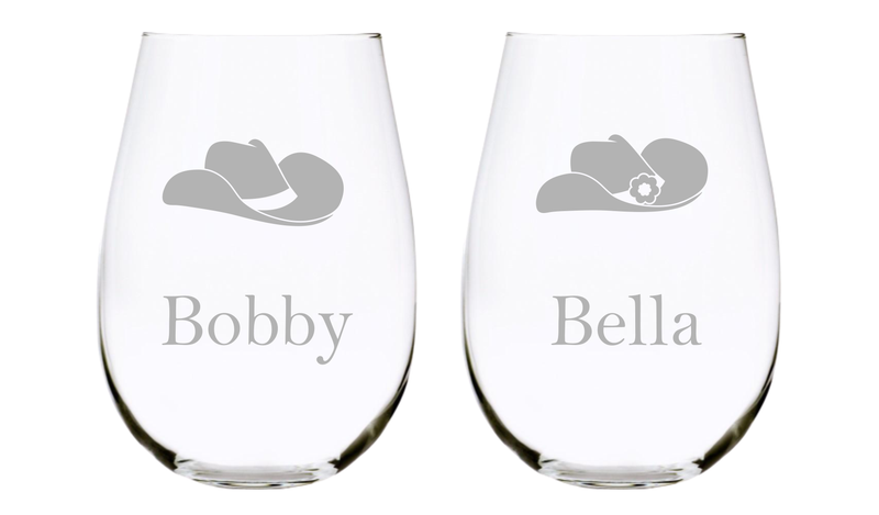 Cowboy and Cowgirl Hats with Names Stemless Set of Two, you choose your font. 17oz. Lead Free Crystal