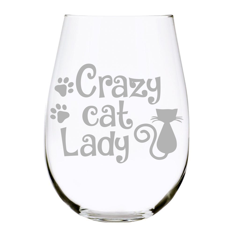 C & M Personal Gifts 17 Oz Stemless Wine Glass – Crazy Cat Lady with Cute Cat and Paws Engraved Cocktail Glass Made From Lead-Free Crystal Material for Men & Women – Made in USA
