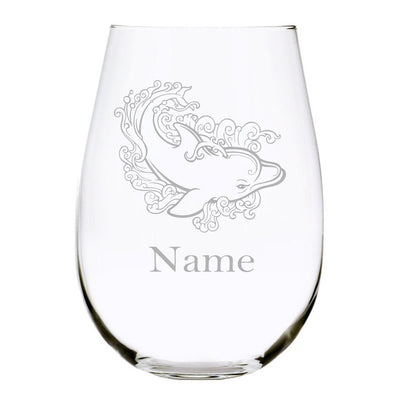 Dolphin with name 17oz. Lead Free Crystal stemless wine glass
