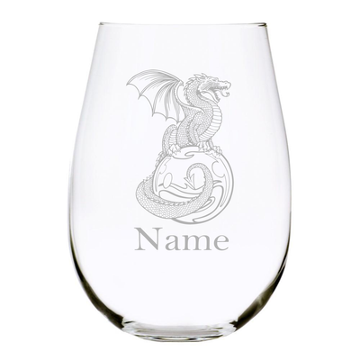 Dragon with name 17 oz. stemless wine glass…