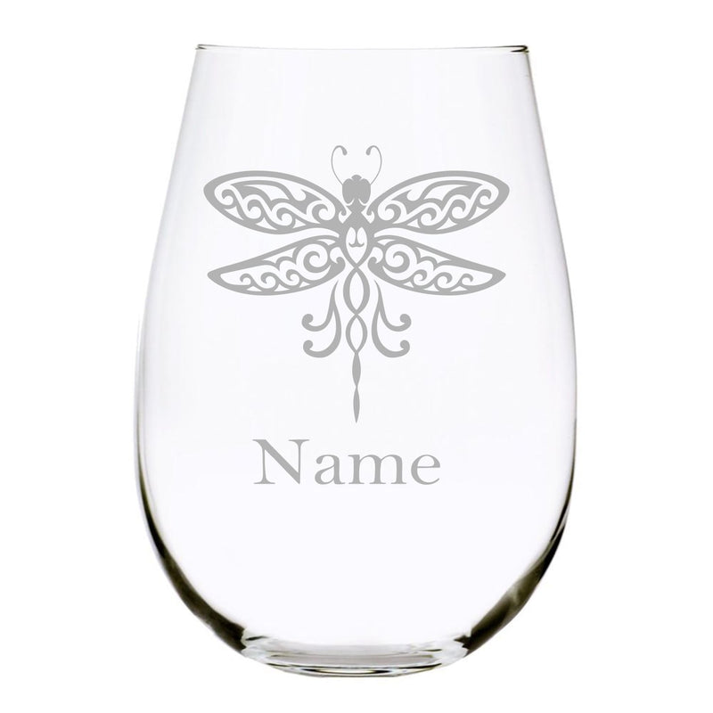 Dragonfly with name 17oz. Lead Free Crystal stemless wine glass