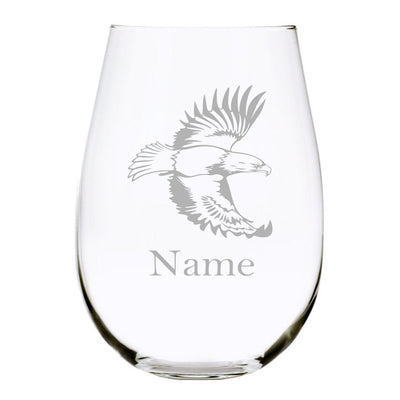 Eagle with name 17oz. Lead Free Crystal stemless wine glass