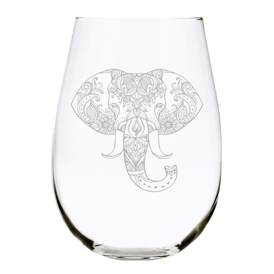 C & M Personal Gifts (1 Piece) Elephant Stemless Wine Glass, 17 Ounces, Laser Engraved Crystal Wine Glass Gift for Him or Her, Lead-free Glassware, Made in USA