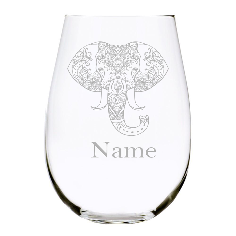 C & M Personal Gifts (1 Piece) Personalized Stemless Wine Glass with Elephant Design, 17 Ounces, Customize Your Name - Crystal Glass Gift for Birthdays, Father’s Day, Mother’s Day, Anniversaries, Made in USA