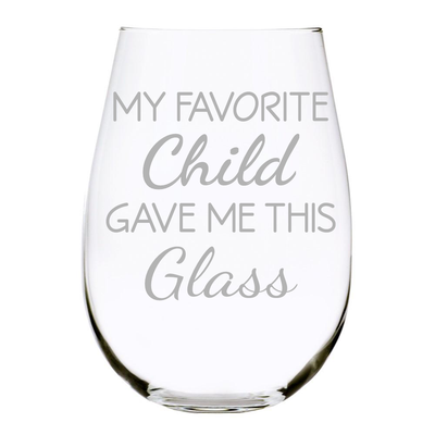 C & M Personal Gifts Laser Engraved Crystal Stemless Wine Glass (1 Piece) – My Favorite Child Gave Me This Glass - Gag Gifts from Kids, Sons, Daughters for Father Day, Mother’s Day, 17 Oz