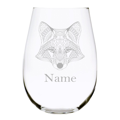 Fox with name 17oz. Lead Free Crystal stemless wine glass