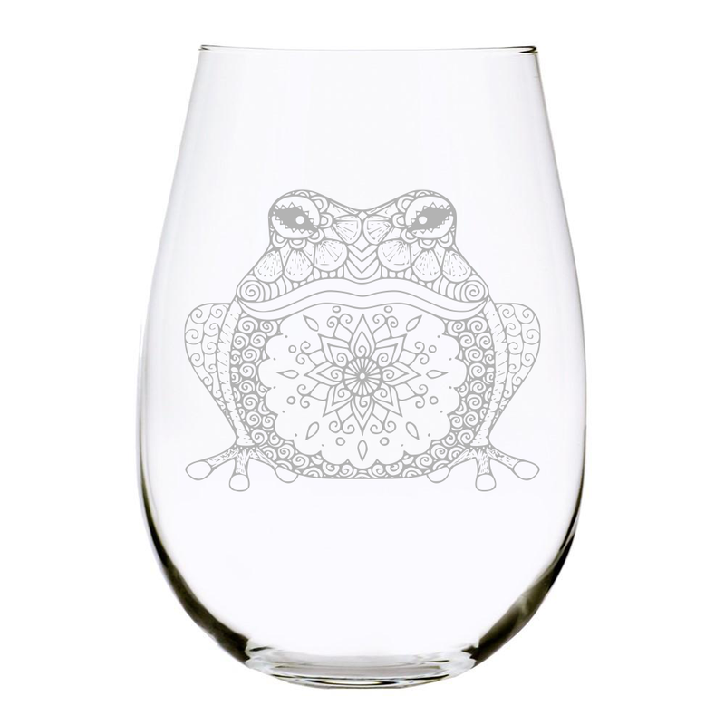 C & M Personal Gifts Stemless Wine Glass – Distinctive Boho Frog Engraved White and Red Wine Glass Made from Lead-Free Crystal for Men & Women – Made in USA, 17 Oz