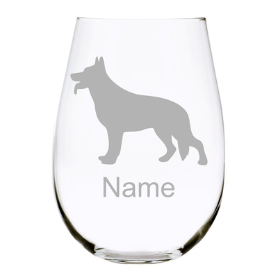 German Shepherd Stemless Wine Glass-Customize with Dog's Name-6 Silhouettes to Choose From, 17 oz. Lead Free Crystal