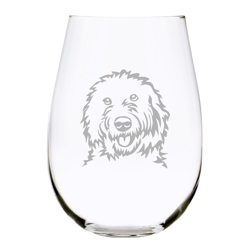 Goldendoodle themed, dog stemless wine glass, 17 oz.