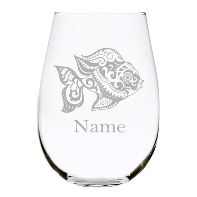 Goldfish with name 17oz. Lead Free Crystal stemless wine glass