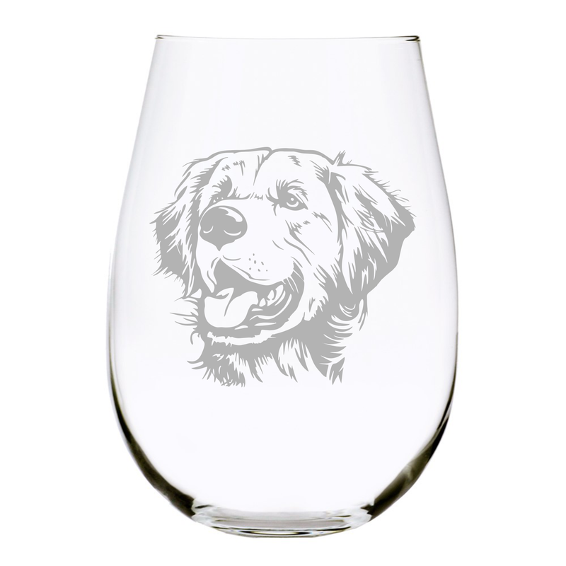 Golden Retriever (G1) themed, dog stemless wine glass, 17 oz.