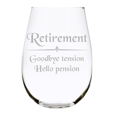 C & M Personal Gifts Stemless Wine Glass – Retirement Goodbye Tension Hello Pension Printed Distinctive Cocktail Glass Made from Lead-Free Crystal Material – Ideal for Retired Person – 17 Oz
