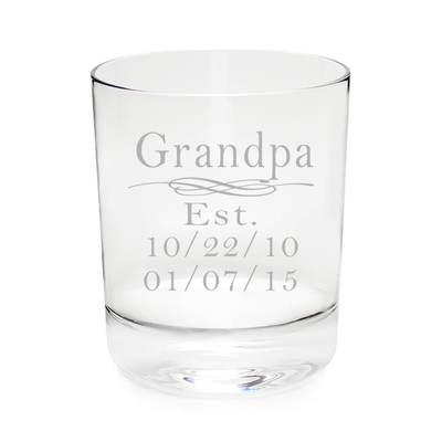 Grandpa Established 11 oz. whiskey rocks glass, permanently etched, with grandkids birthdates