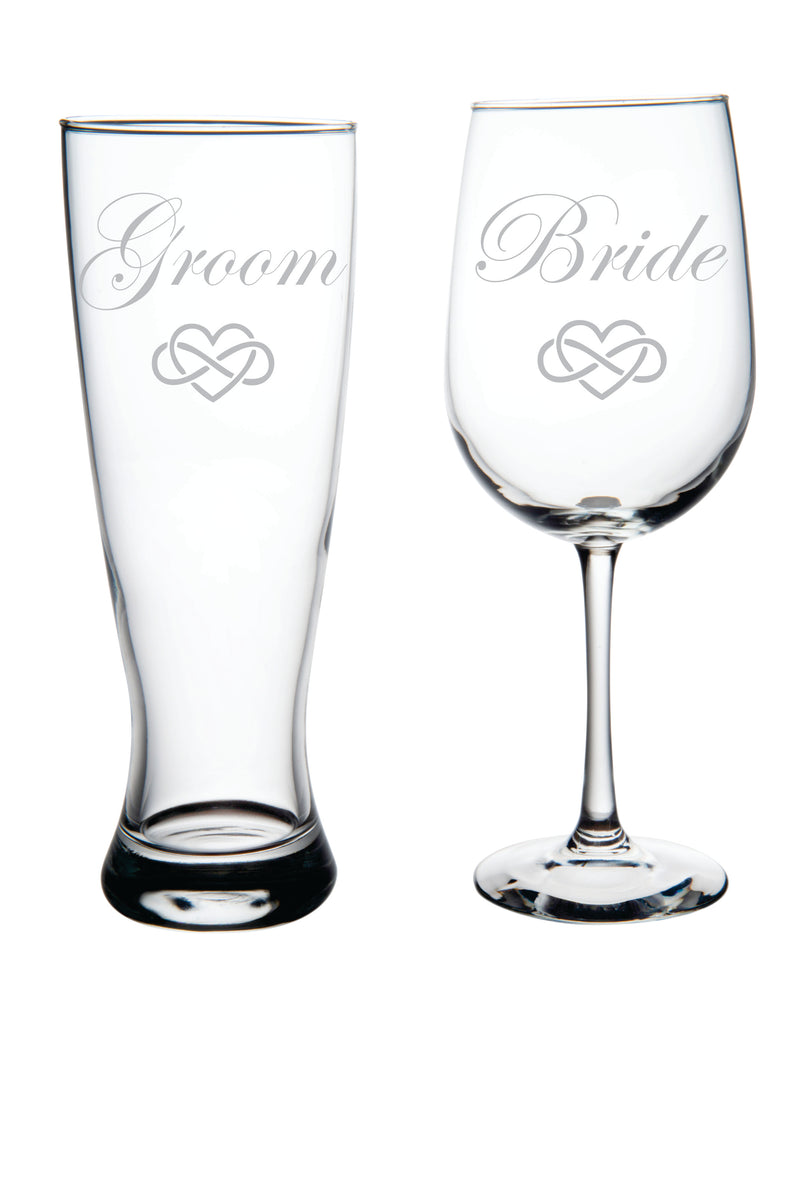 Groom beer and Bride wine glass with infinity heart (set of 2)