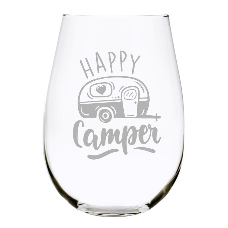 Happy Camper funny camping  stemless wine glass, 17 oz.