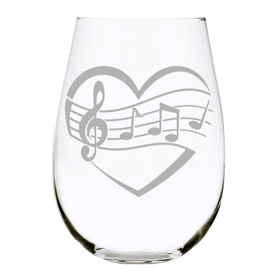 Heart, Music 17oz. Lead Free Crystal stemless wine glass