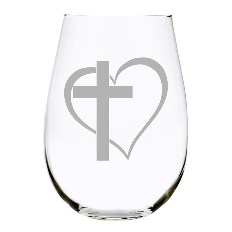 Heart with cross stemless wine glass, 17 oz. Lead Free Crystal