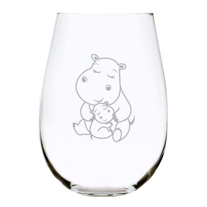 Hippopotamus with baby  stemless wine glass, 17 oz