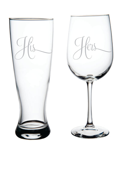 His and Hers Engraved Beer Glass and Stemware Wine Glass Set