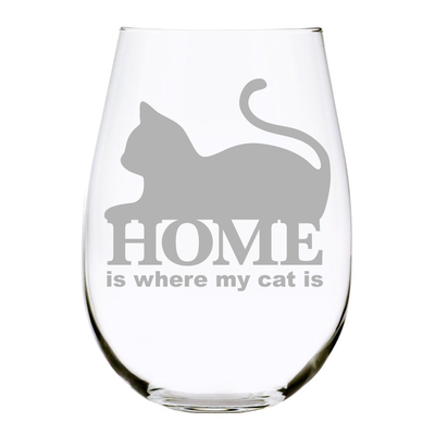 HOME is where my cat is 17oz. Lead Free Crystal stemless wine glass