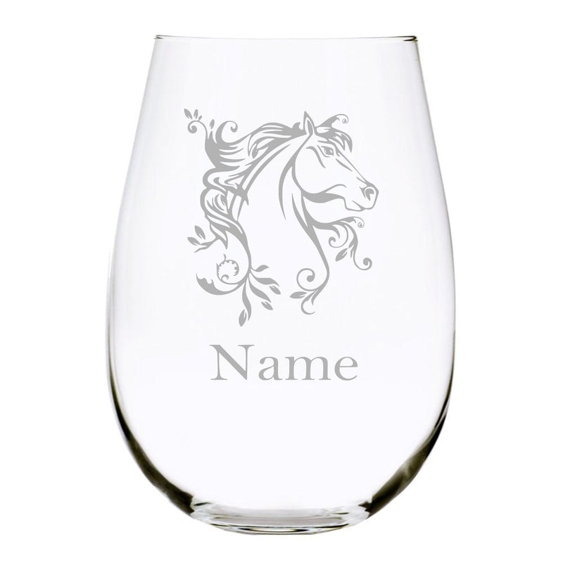 Horse with name 17oz. Lead Free Crystal stemless wine glass