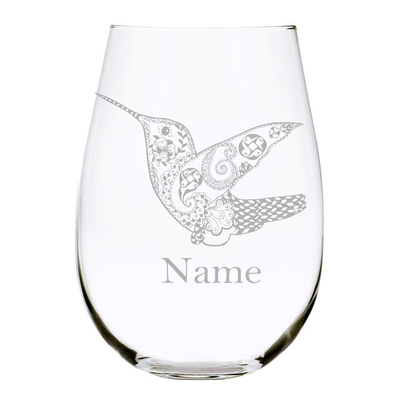 Hummingbird with name 17oz. Lead Free Crystal stemless wine glass