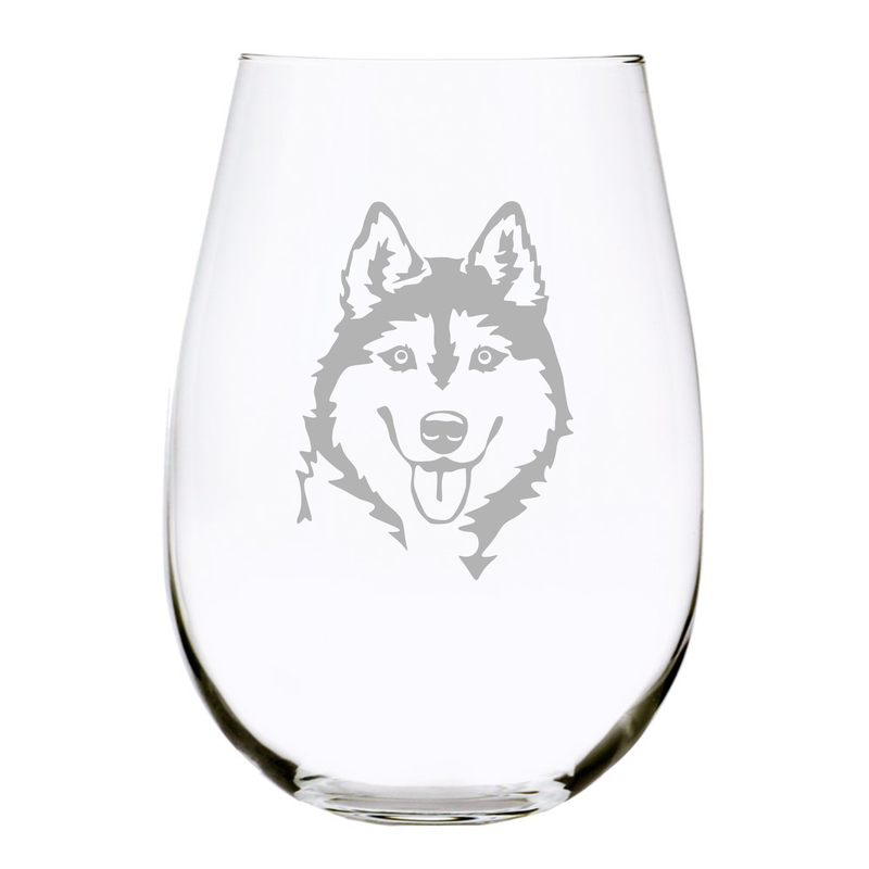 Husky (H2) themed, dog stemless wine glass, 17 oz