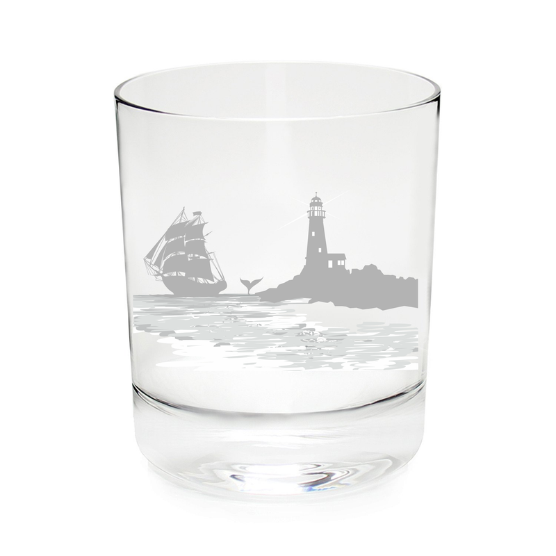 Nautical Whiskey Rocks Glass-11 oz. Lighthouse with vintage sailboat