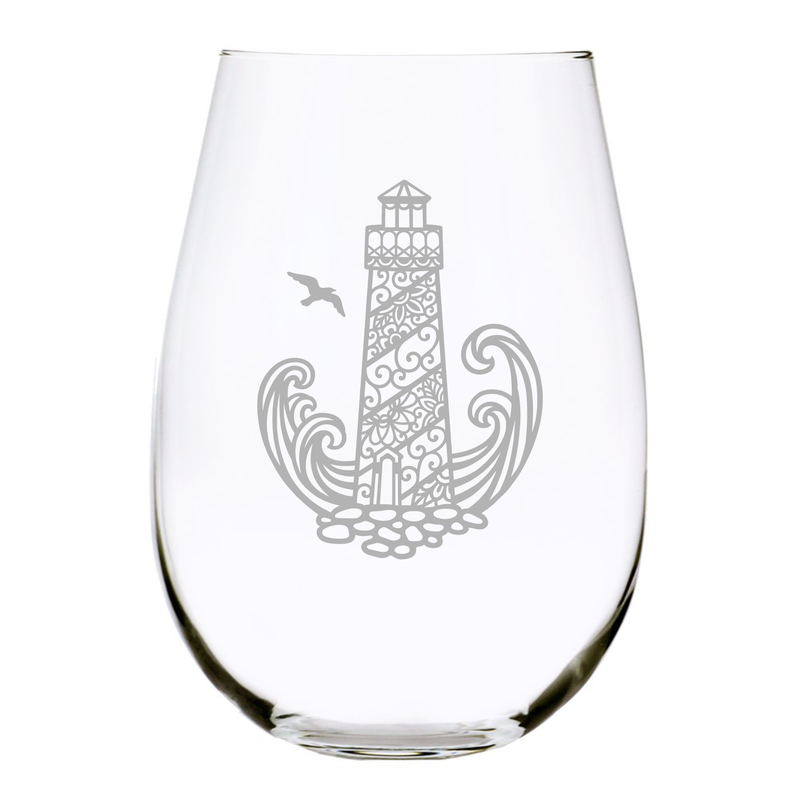 Lighthouse with waves stemless wine glass, 17 oz.