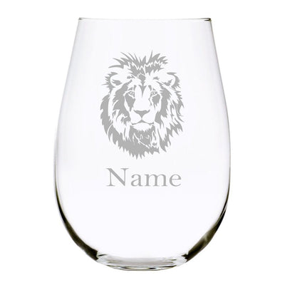 Lion with name 17oz. Lead Free Crystal stemless wine glass