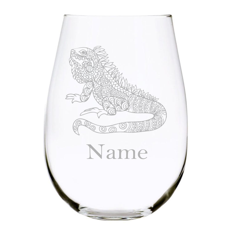 Lizard with name 17oz. Lead Free Crystal stemless wine glass