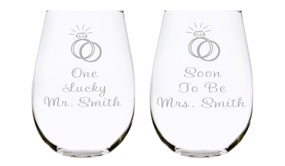 One Lucky Mr. and Soon To Be Mrs. with name Etched 17oz. Lead Free Crystal Stemless Wine Glasses Set - Engagement Gift Set