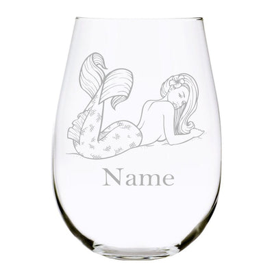 Mermaid with name 17oz. Lead Free Crystal stemless wine glass