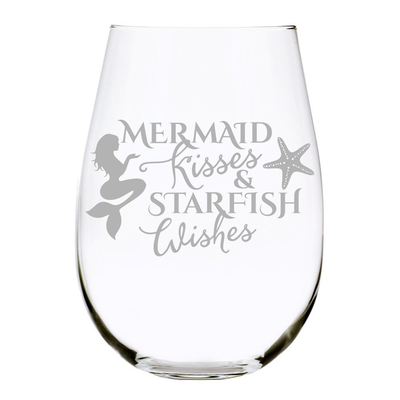 Mermaid Kisses and Starfish Wishes 17oz. Lead Free Crystal stemless wine glass