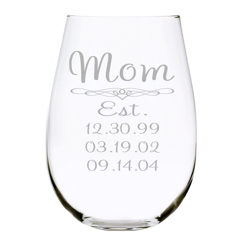 Mom Established 17 oz. Stemless Wine Glass, with Kids Birthdays