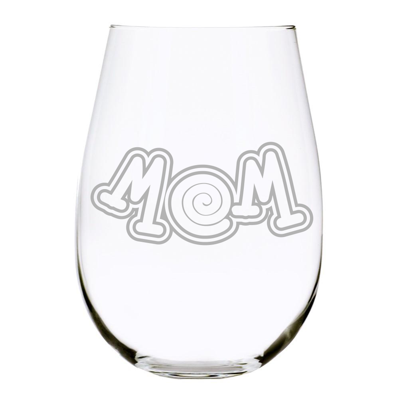 Mom Swirl 17oz. Lead Free Crystal stemless etched wine glass