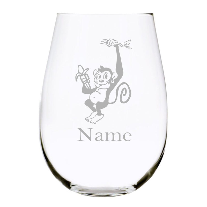 Monkey with name 17oz. Lead Free Crystal stemless wine glass