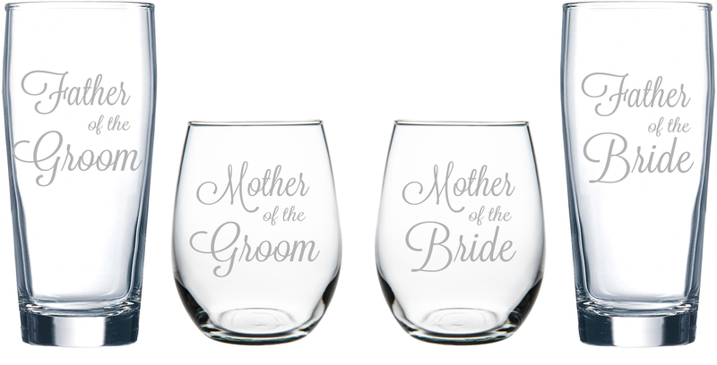 Father and Mother of the Groom and Bride beer and stemless wine glass set (of 4)
